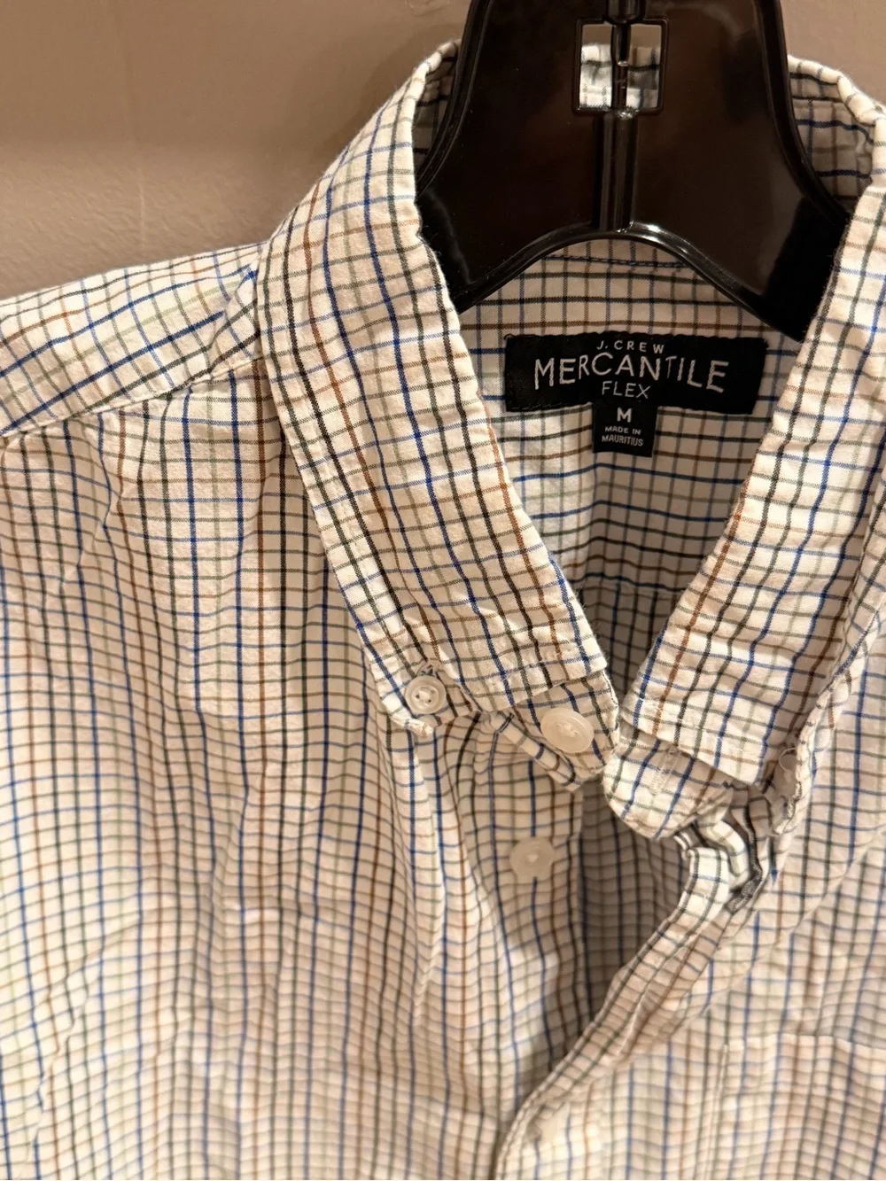 J Crew Men’s Button Down Slim Flex White Blue Green Brown Check Shirt #497